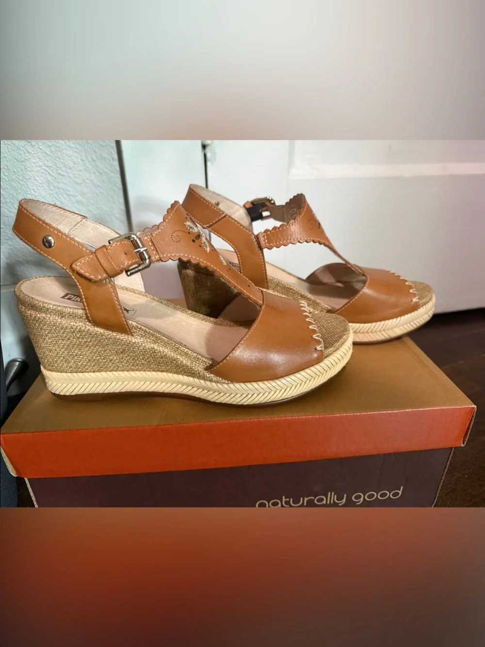 Pikolinos Mojacar Brandy Leather Espadrille Wedge Sandals Sz 39
